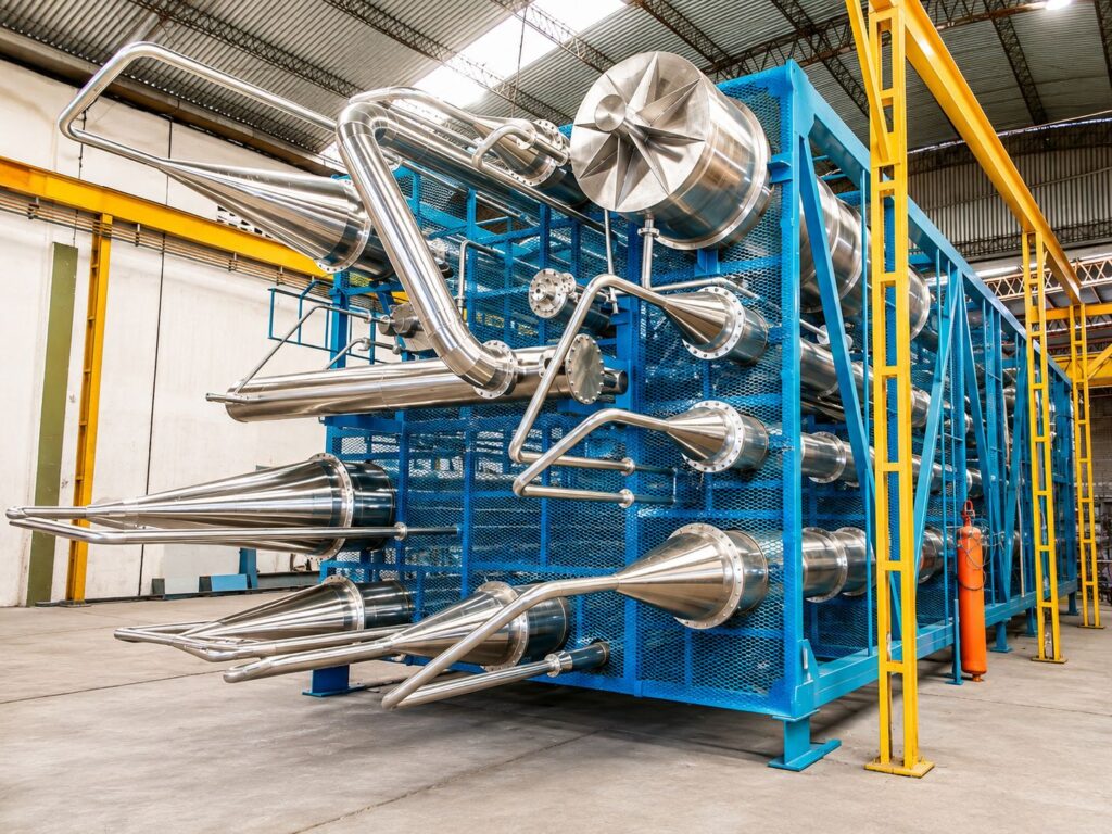Custom FPM GLOBAL stainless steel process equipment module assembled in a blue structural frame.