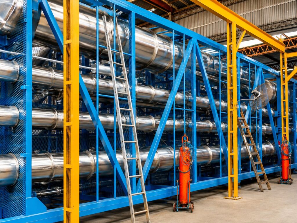 Large FPM GLOBAL stainless steel process equipment module during fabrication and assembly.